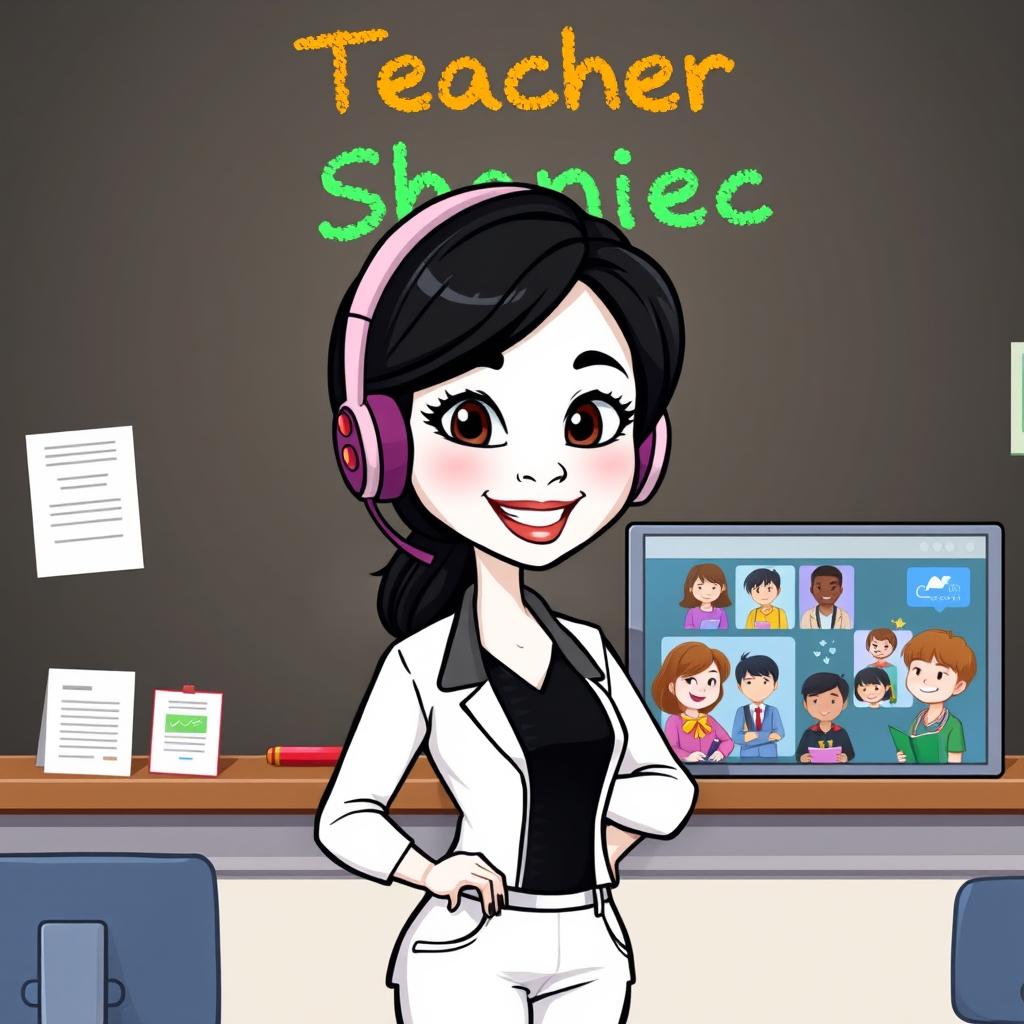 A vibrant cartoon image of a female teacher with black hair and white skin, wearing headphones as she conducts an online class