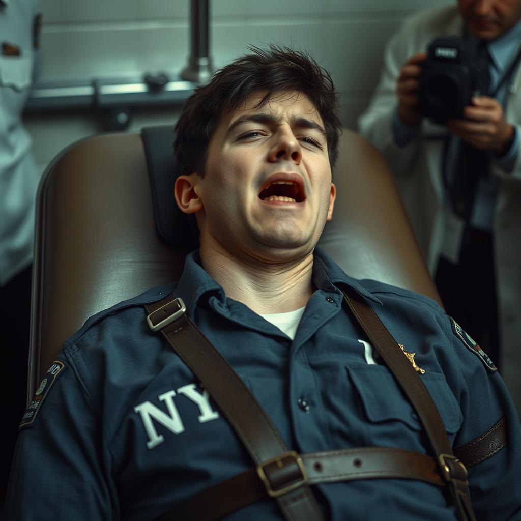 A young man enduring the final moments of his life as he receives a lethal injection, visibly restrained on a death gurney with leather straps