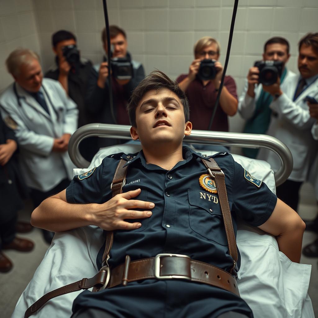 A young man undergoing a lethal injection, visibly restrained on a death gurney with leather straps