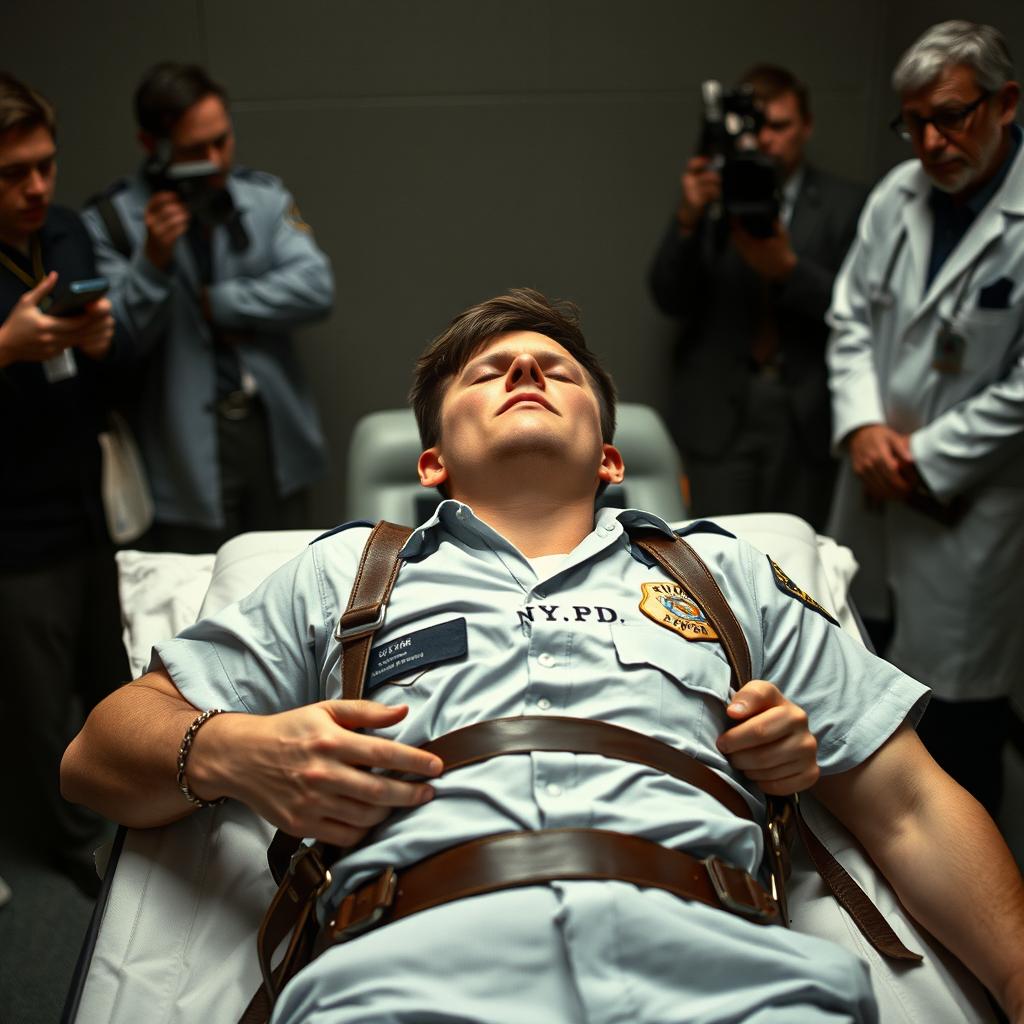 A young man experiencing the harrowing moments of a lethal injection, visibly restrained on a death gurney with leather straps