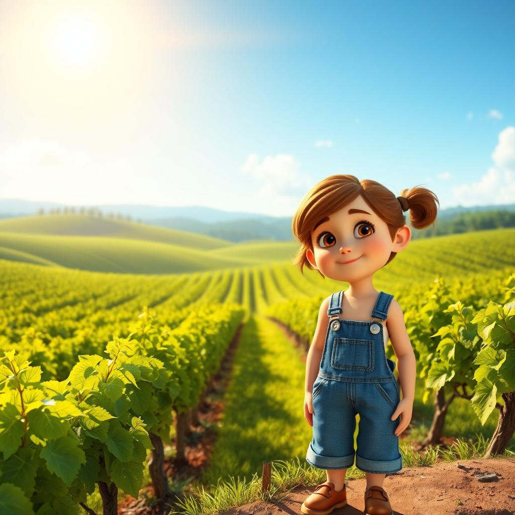 A vibrant and sunny vineyard with rows of lush, green grapevines stretching across rolling hills under a clear blue sky