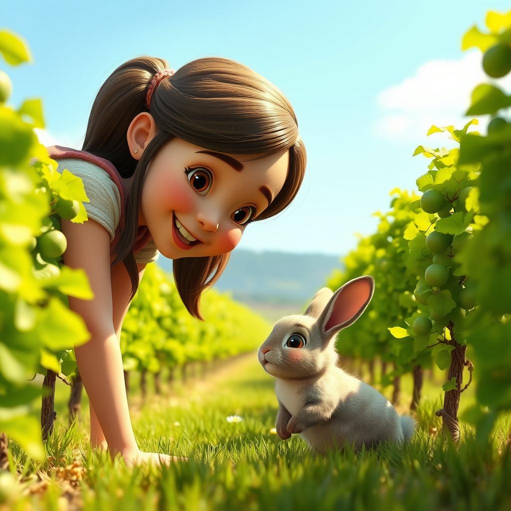 A close-up scene depicting a girl bending down to greet a small, fluffy rabbit in a lush vineyard