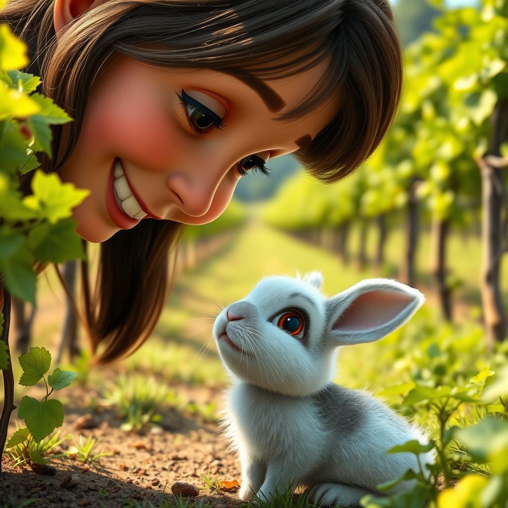 A close-up of a young girl bending down to greet a small, fluffy rabbit in a picturesque vineyard
