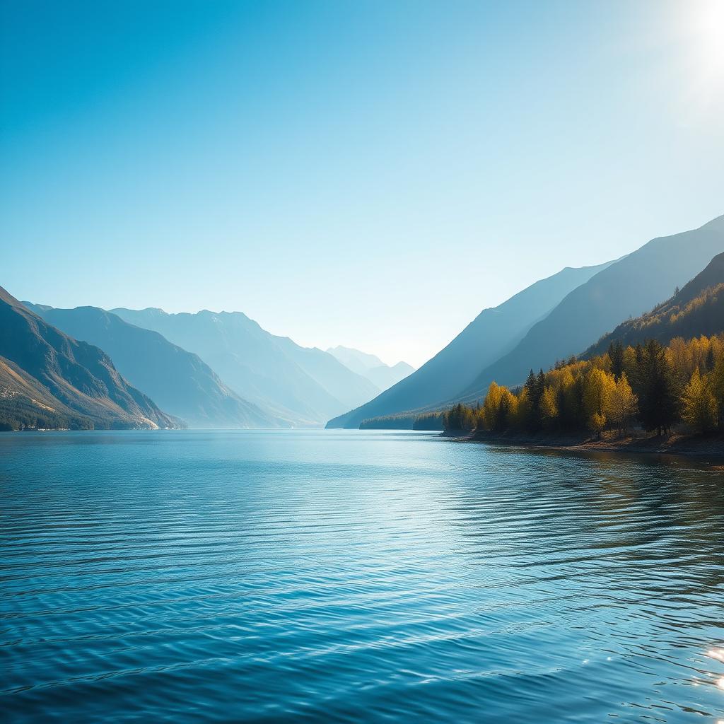 A serene landscape featuring a tranquil lake surrounded by majestic mountains under a clear blue sky, devoid of any human presence