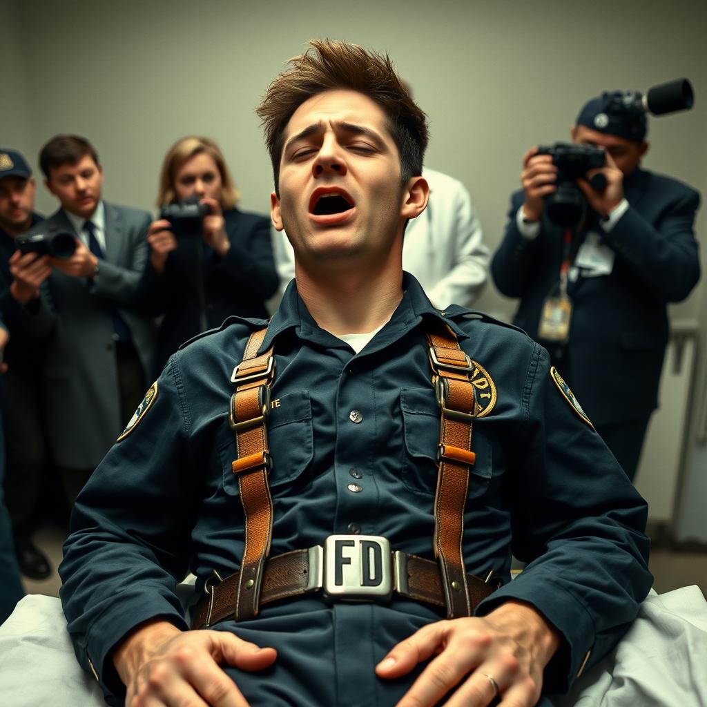 A young man in his 30s, dressed in a NYPD police officer uniform, is strapped to a death row execution gurney with leather straps as he receives a lethal injection