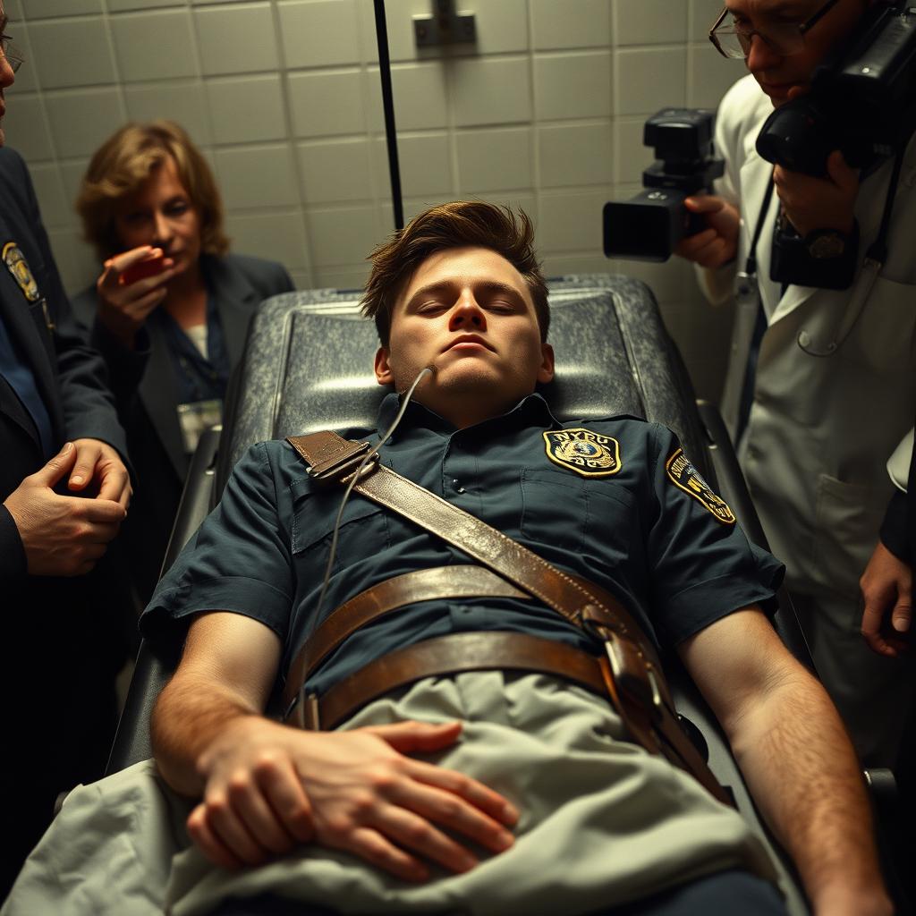 A nearly lifeless young man in his 30s, dressed in a NYPD police officer uniform, is strapped to a death row execution gurney with leather straps