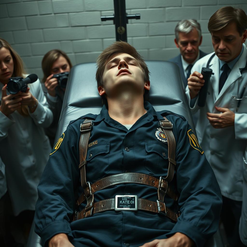 A nearly lifeless young man in his 30s, dressed in a NYPD police officer uniform, is strapped to a death row execution gurney with leather straps