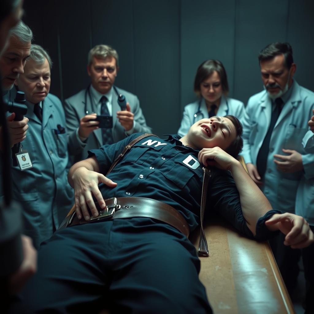A nearly lifeless young man in his 30s, dressed in a NYPD police officer uniform, is strapped to a death row execution gurney with leather straps