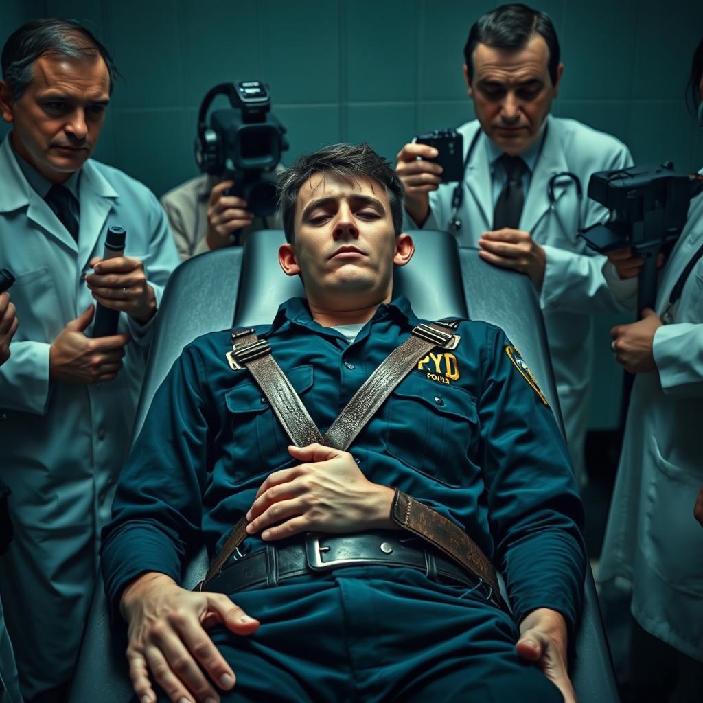 A nearly lifeless young man in his 30s, dressed in a NYPD police officer uniform, is strapped to a death row execution gurney with leather straps