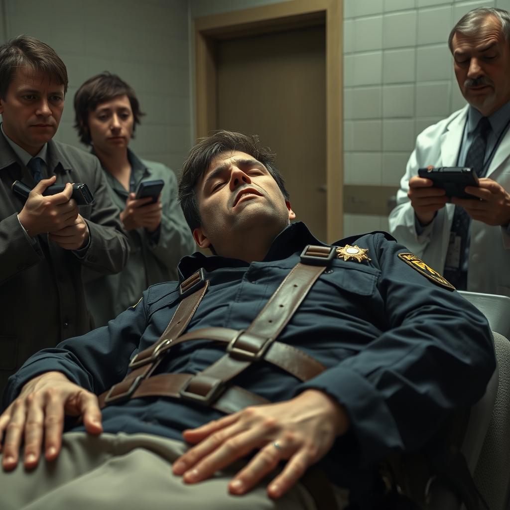 A nearly lifeless young man in his 30s, dressed in a NYPD police officer uniform, is strapped to a death row execution gurney with leather straps