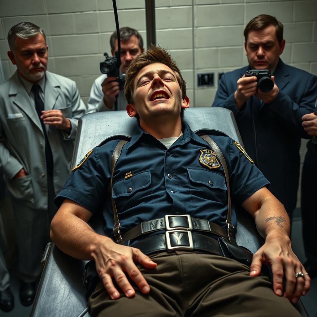 A nearly lifeless young man in his 30s, dressed in a NYPD police officer uniform, is strapped to a death row execution gurney with leather straps