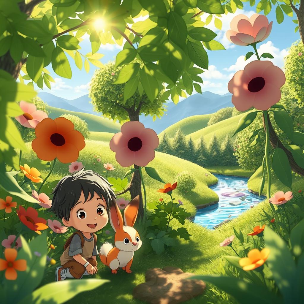 A whimsical, lush forest scene in the style of Studio Ghibli, filled with vibrant, oversized flowers and fantastical creatures peeking through the foliage