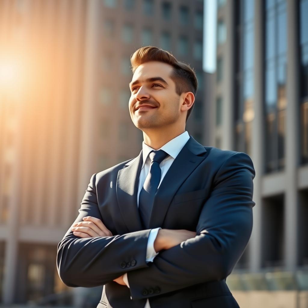 A confident man in a sharp, tailored suit, standing with arms crossed and a slight smile, exuding charisma and professionalism