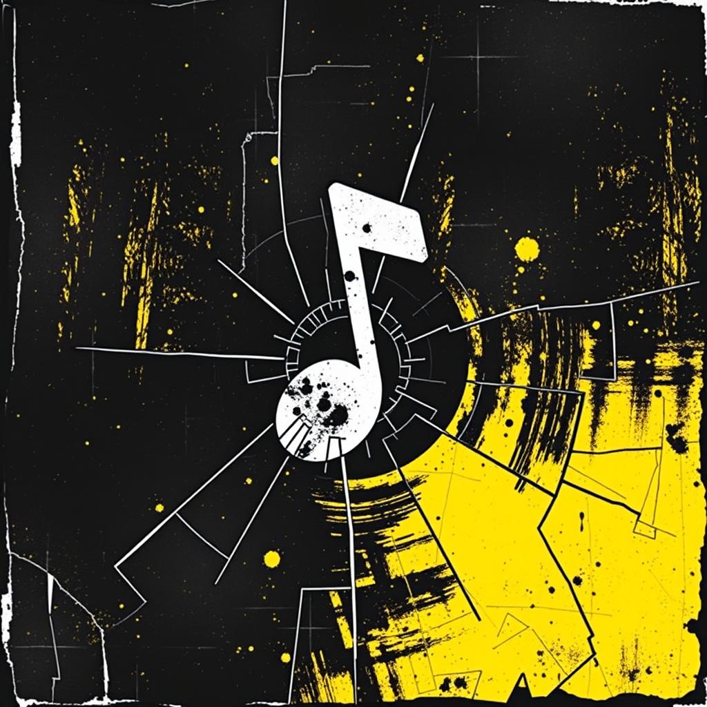 A square album cover in a grunge style featuring a textured black background with intense yellow accents