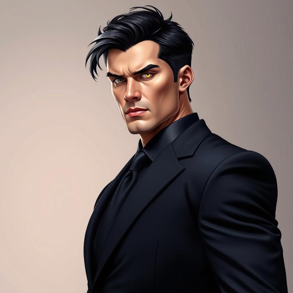 A striking male character with a sharp jawline and intense, golden eyes, wearing a tailored black suit