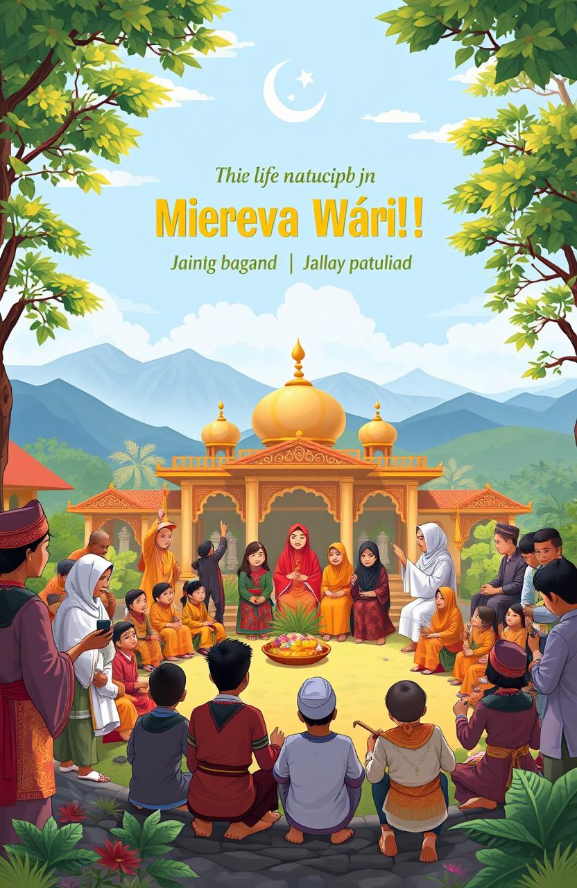 An illustration symbolizing the synthesis of Minangkabau custom and Islamic law, featuring the core life principles of faith, nature, life, humanity, justice, solidarity, leadership