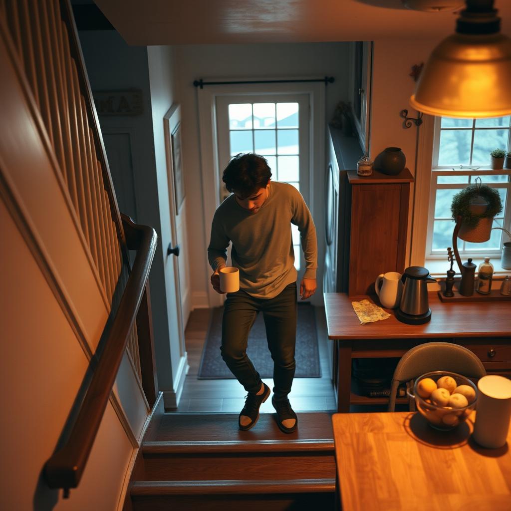 A young man named Chico descends down a staircase towards a cozy kitchen in the early morning hours