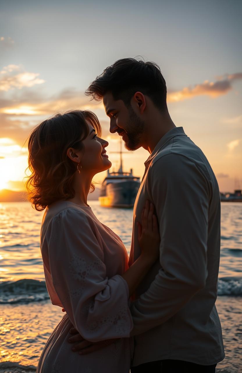 A romantic scene on a beach during sunset, featuring a man with brown wavy hair and a woman with sleek black bobbed hair