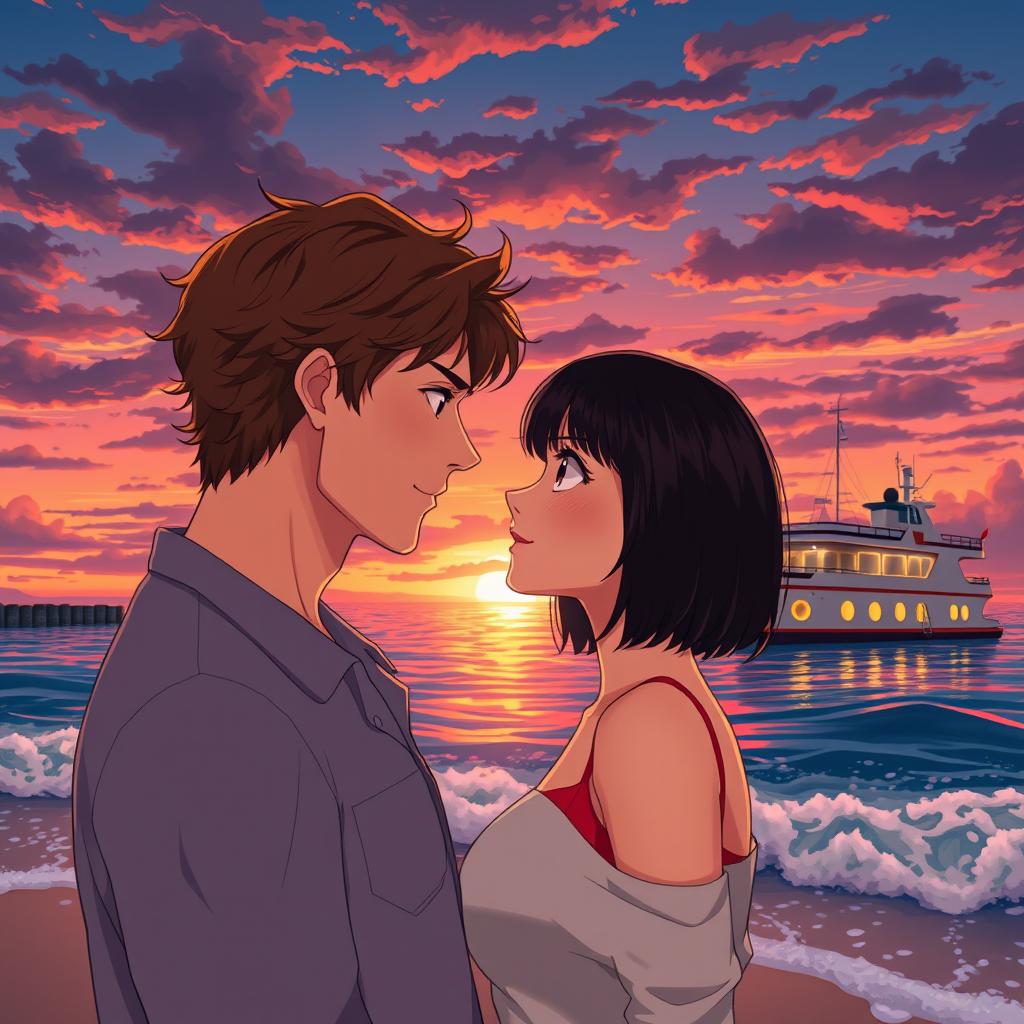An anime style aesthetic scene set on a beach during sunset, featuring a man with brown wavy hair, clean-shaven without a mustache or beard, and a woman with sleek black bobbed hair