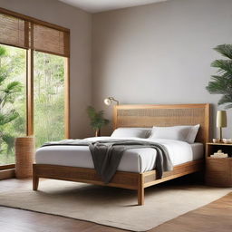 Generate an image of a comfortable bedroom featuring a Jepara batikraft teakwood bed and a modern chair made of teakwood mixed with rattan.