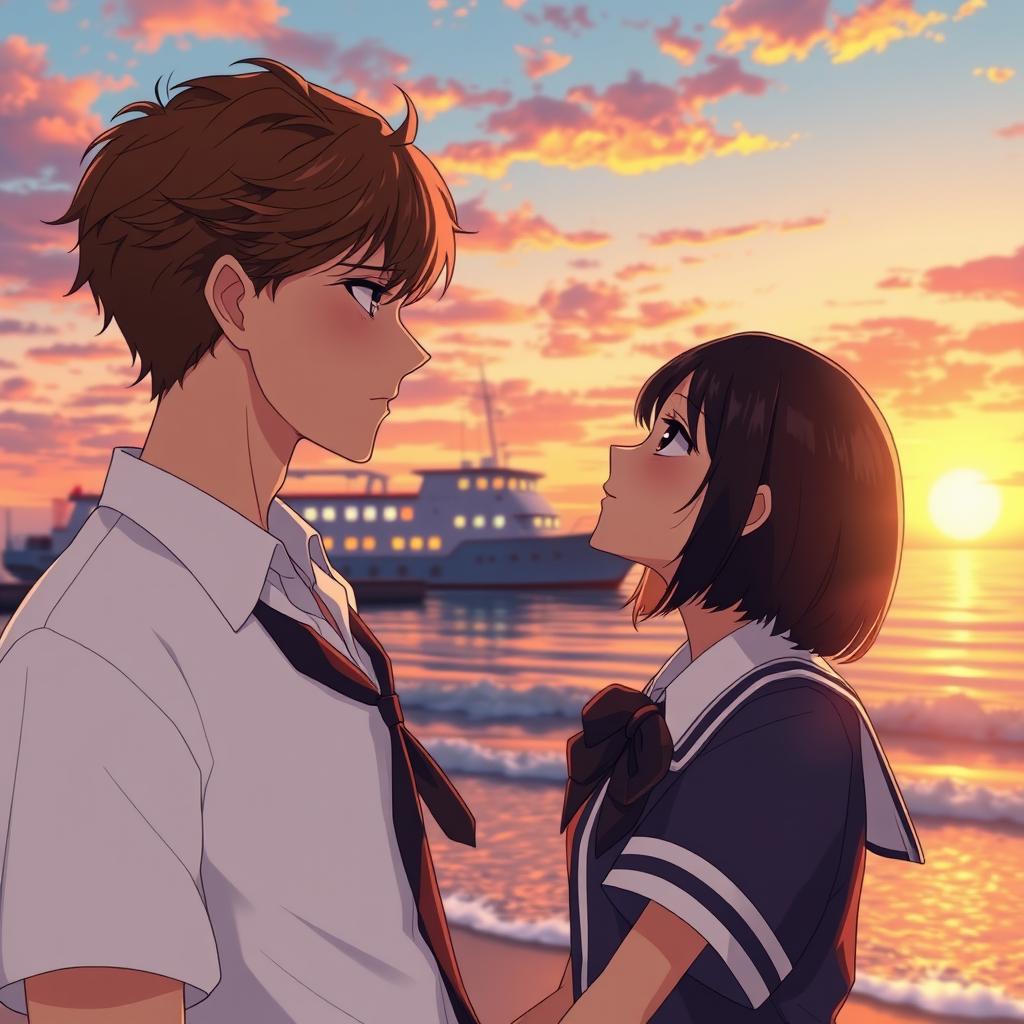 An anime style aesthetic scene set on a beach during sunset, featuring a young man with brown wavy hair, clean-shaven without a mustache or beard, and a young woman with stylish black bobbed hair