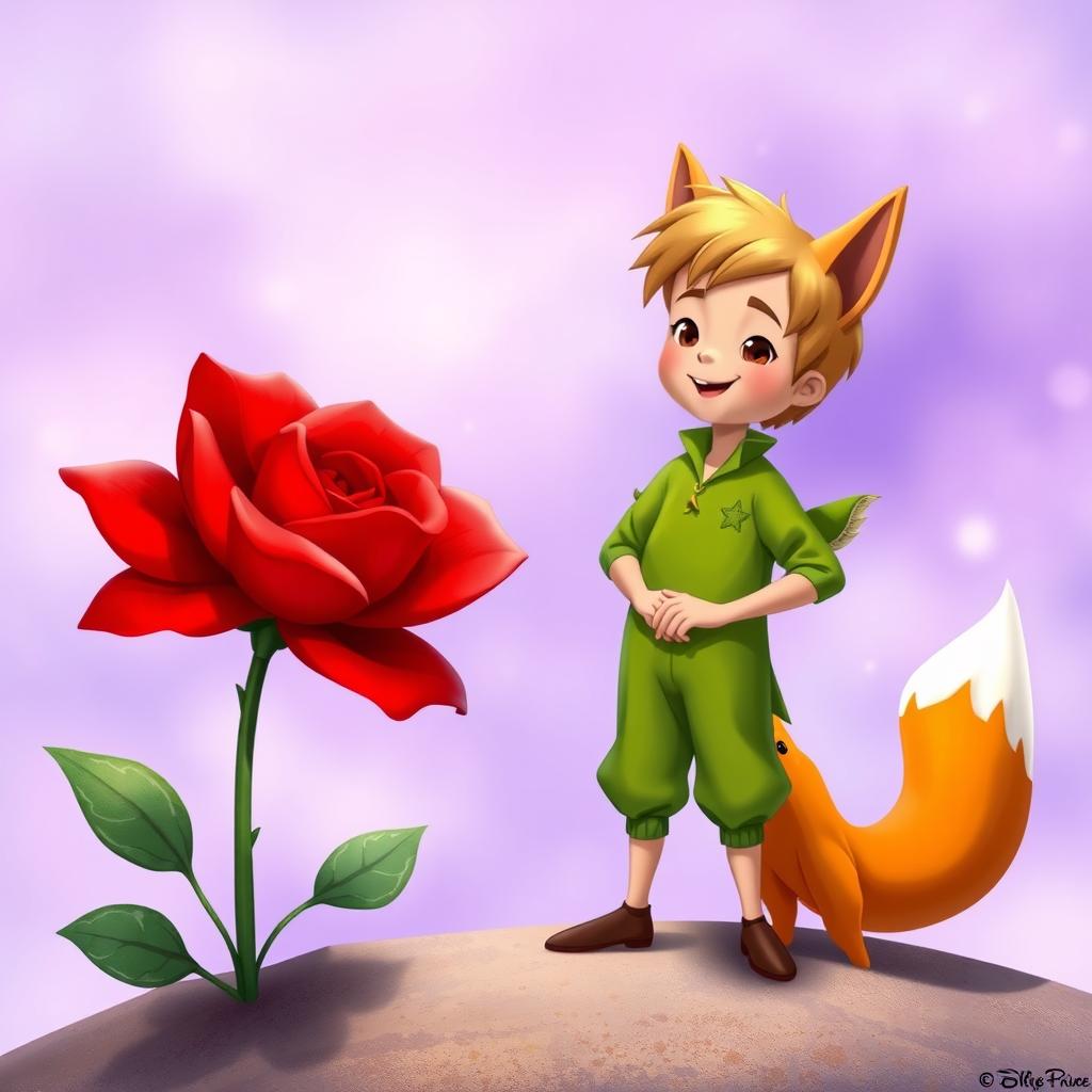 A whimsical and enchanting scene inspired by Disney Pixar style featuring Antoine de Saint Exupery's Little Prince on planet B-12