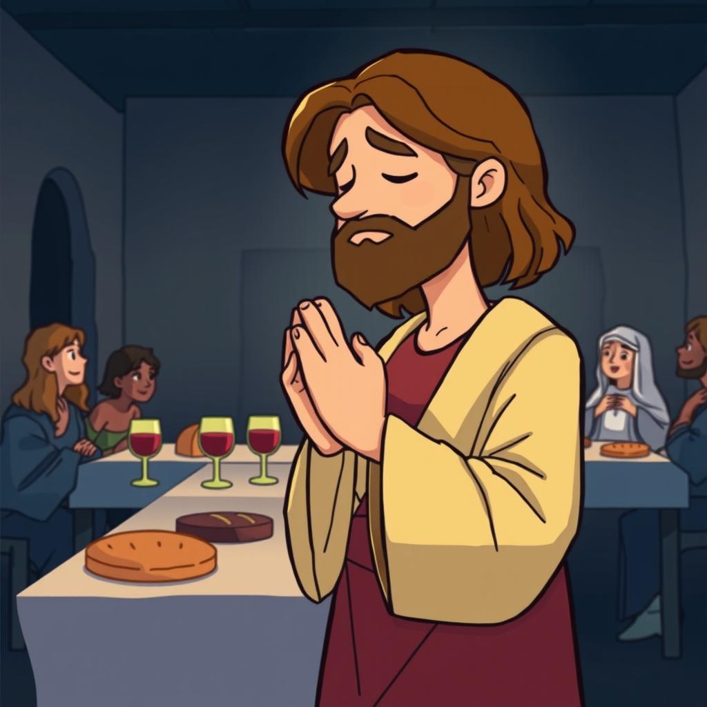 A cartoon-style illustration of Jesus praying solemnly after the Last Supper