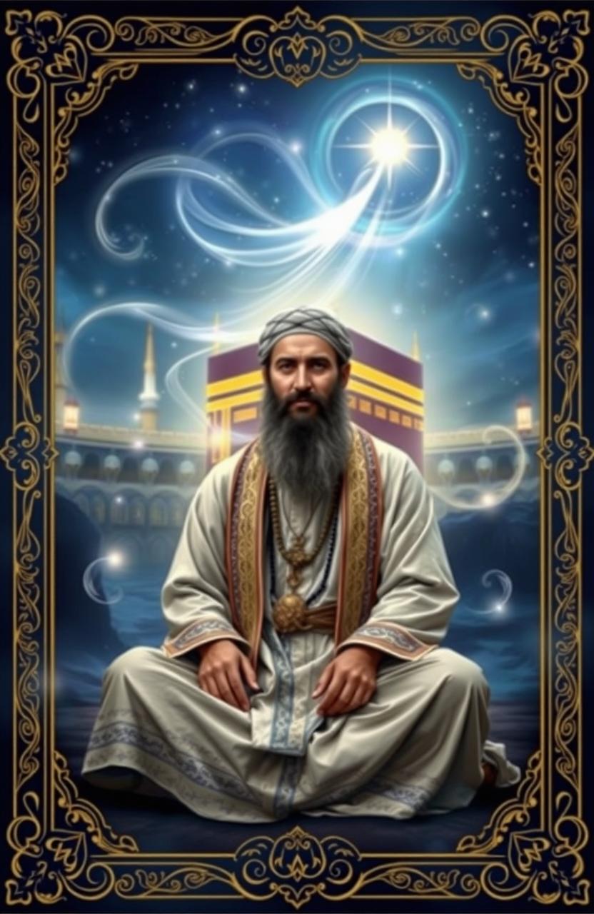 A mystical book cover featuring a Sufi mystic in traditional attire, seated in a tranquil setting with the Kaaba in the background under a starlit sky