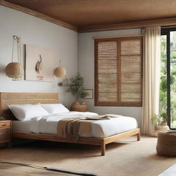 Generate an image of a comfortable bedroom featuring a Jepara batikraft teakwood bed and a modern chair made of teakwood mixed with rattan.