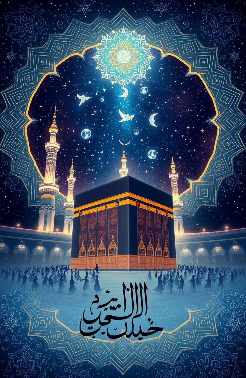 A thematic book cover design inspired by Sufi mysticism, featuring the grand architecture of the Kaaba in Makkah, set against a backdrop of a starry night sky filled with ethereal, swirling patterns symbolizing spirituality and enlightenment