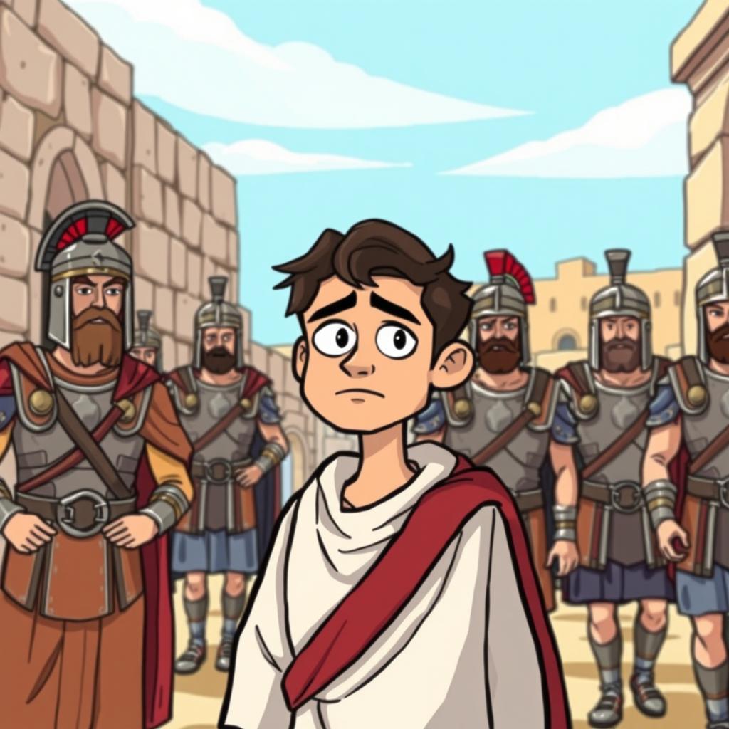 Judas walking alongside Roman soldiers to see Jesus, depicted in a cartoon style