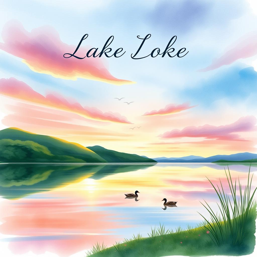 A serene lakeside scene depicted in a vibrant watercolor painting style, showcasing a tranquil lake surrounded by lush greenery and gentle hills in the background