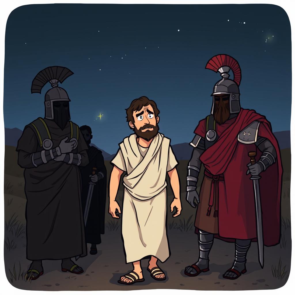 A cartoon-style illustration of Judas at night, walking alongside Roman soldiers to see Jesus