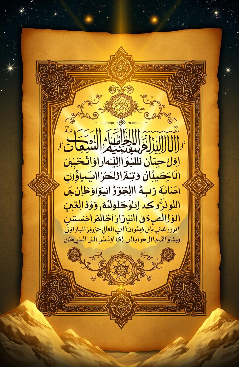 An intricately designed ancient manuscript page representing the themes of 'Al-Futuhat Al-Makkiyah' (The Meccan Revelations) by Ibn Arabi
