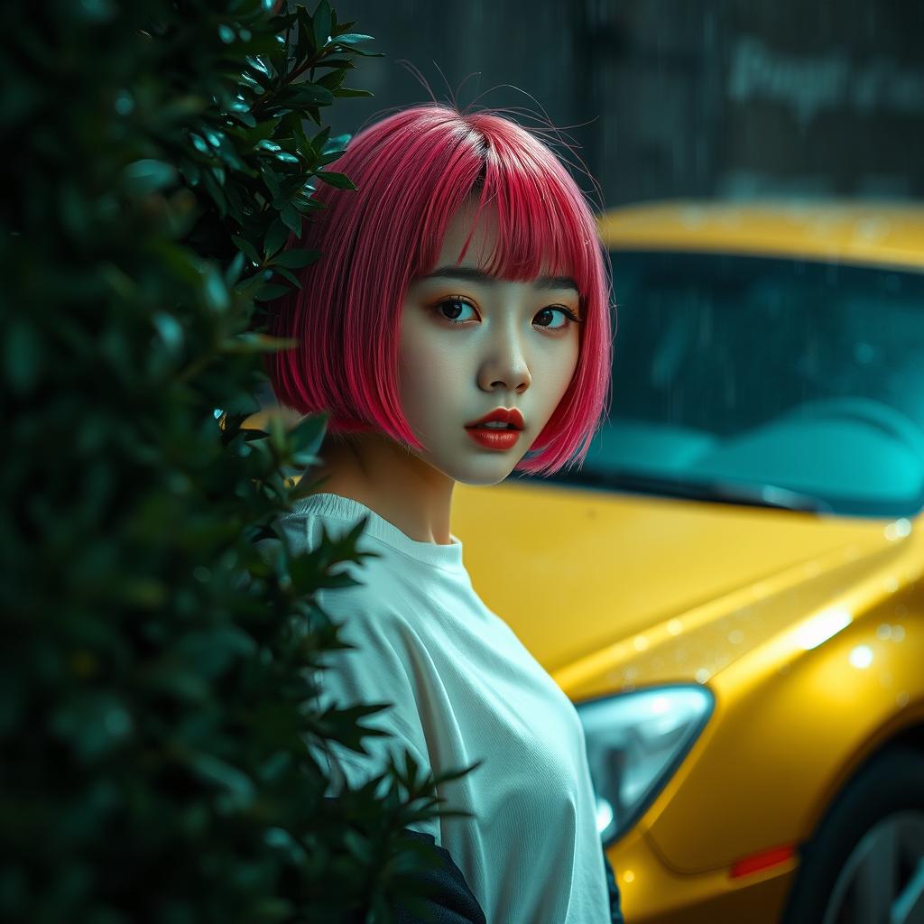 A young Korean woman in her 20s with a vibrant neon pink bob hairstyle, dressed in casual yet stylish clothes, emerges from dark bushes in a rain-soaked environment