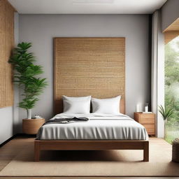 Generate an image of a comfortable bedroom featuring a Jepara batikraft teakwood bed and a modern chair made of teakwood mixed with rattan.