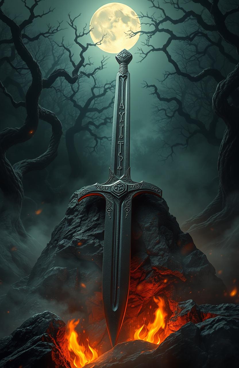 A legendary sword named 'The Ruthless Sword' embedded in a rocky outcrop