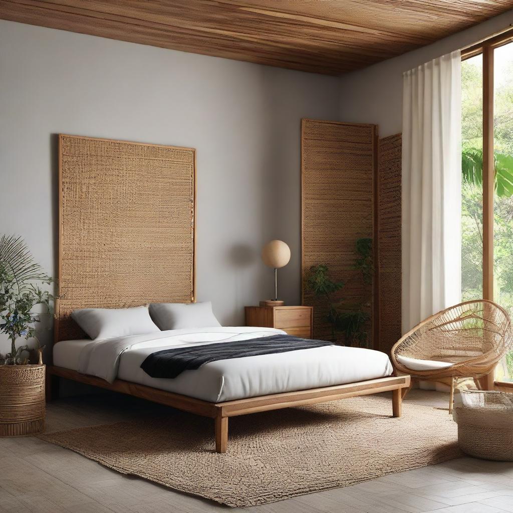 Generate an image of a comfortable bedroom featuring a Jepara batikraft teakwood bed and a modern chair made of teakwood mixed with rattan.