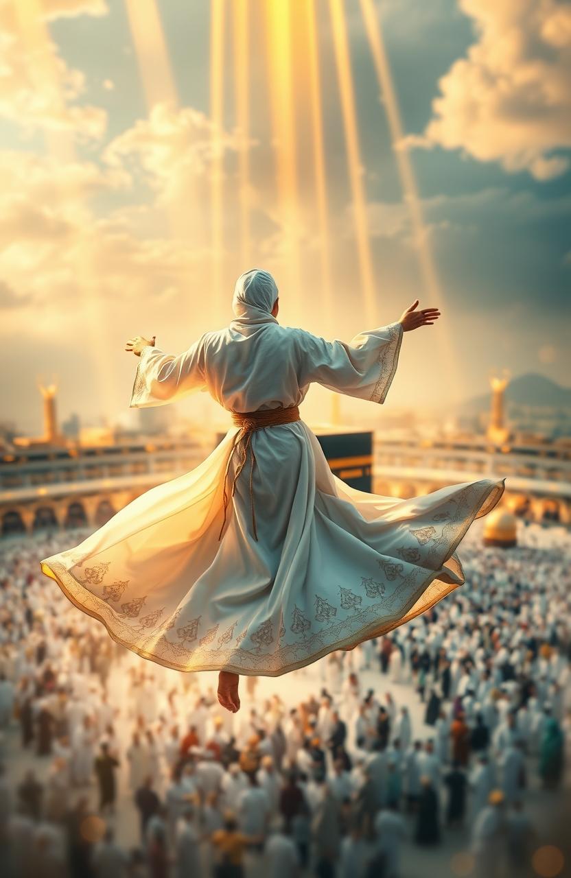An artistic book cover depicting a Sufi dervish in the act of whirling gracefully around the holy Kaaba in Makkah