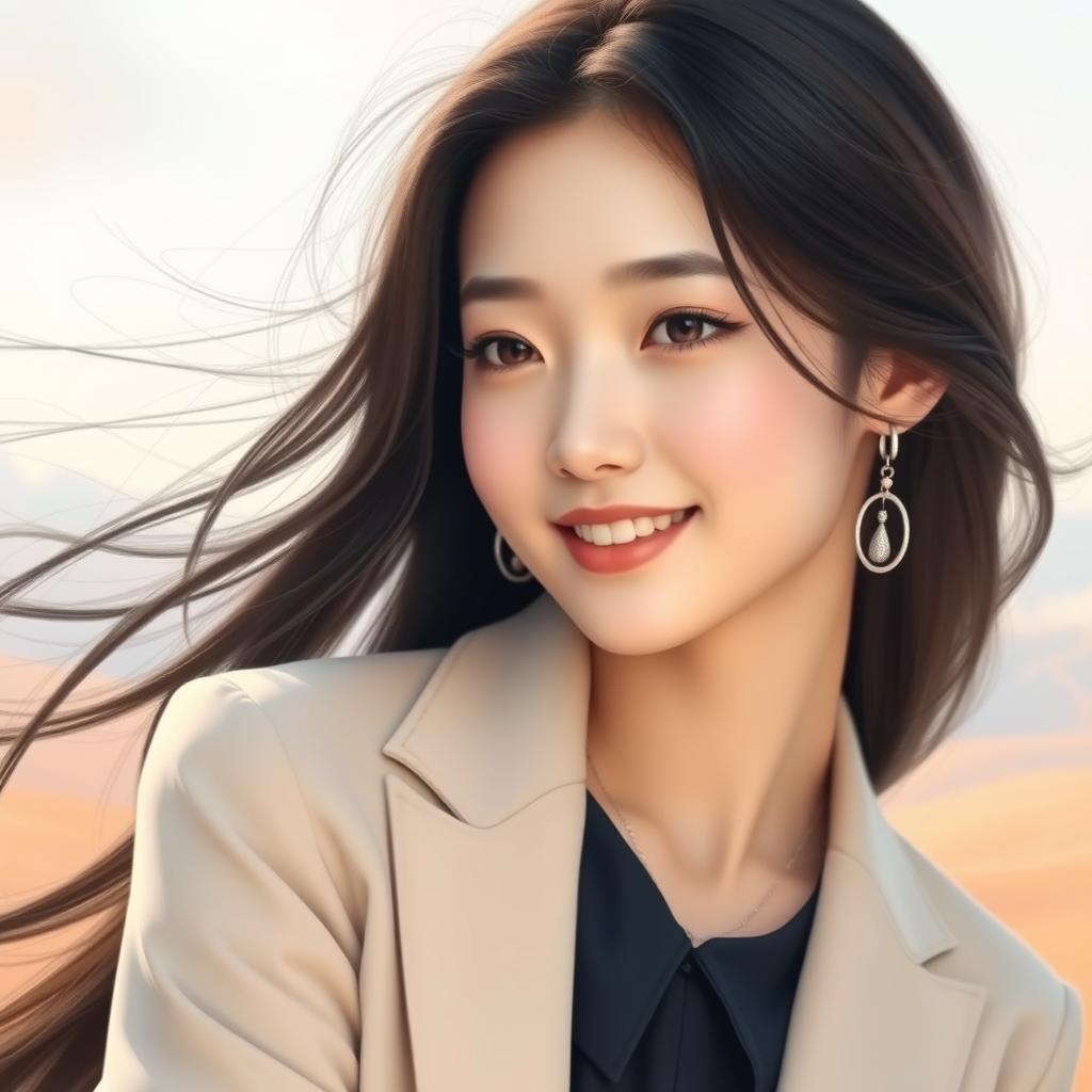 A stylish portrait of Cha Hae-in, a captivating young woman with long flowing hair, radiant skin, and expressive eyes that embody a sense of confidence and grace
