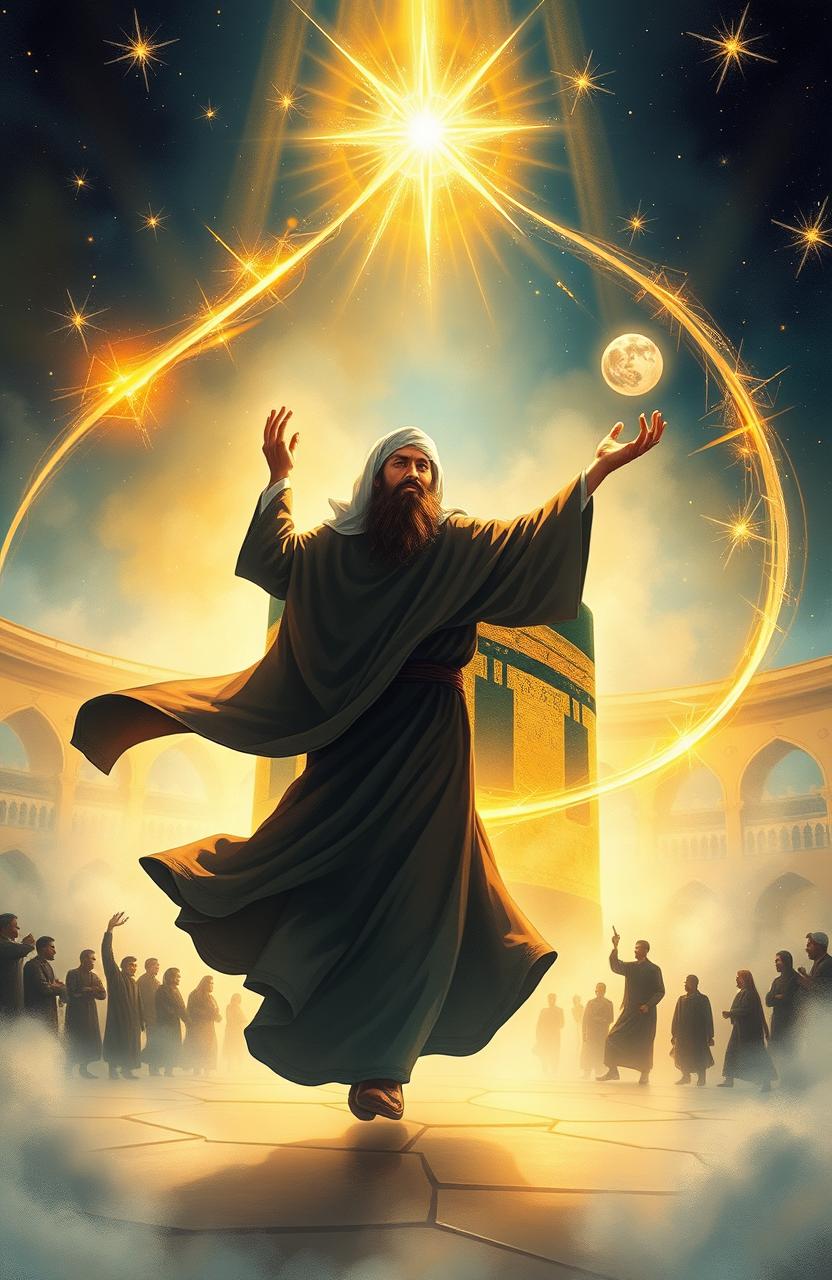A mystical book cover illustration featuring Ibn Arabi, a prominent Sufi philosopher, depicted as a Darvish whirling gracefully around the Kaaba in Makkah