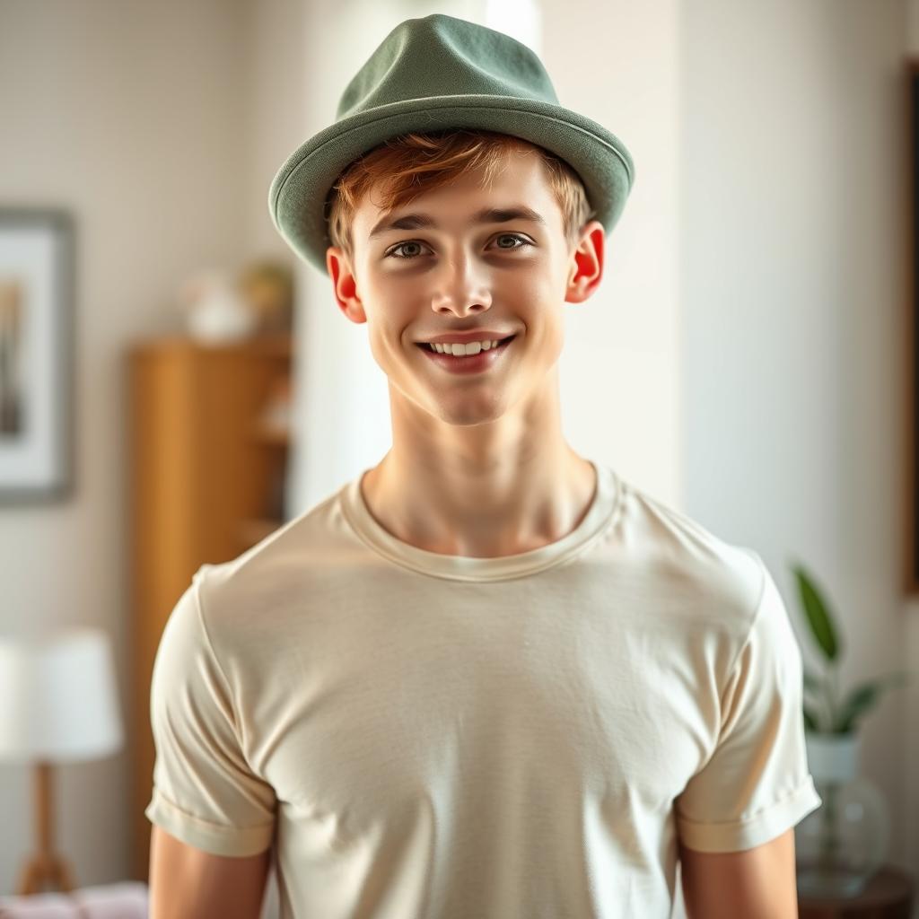 A handsome young Caucasian man, around 20 years old, standing inside a room