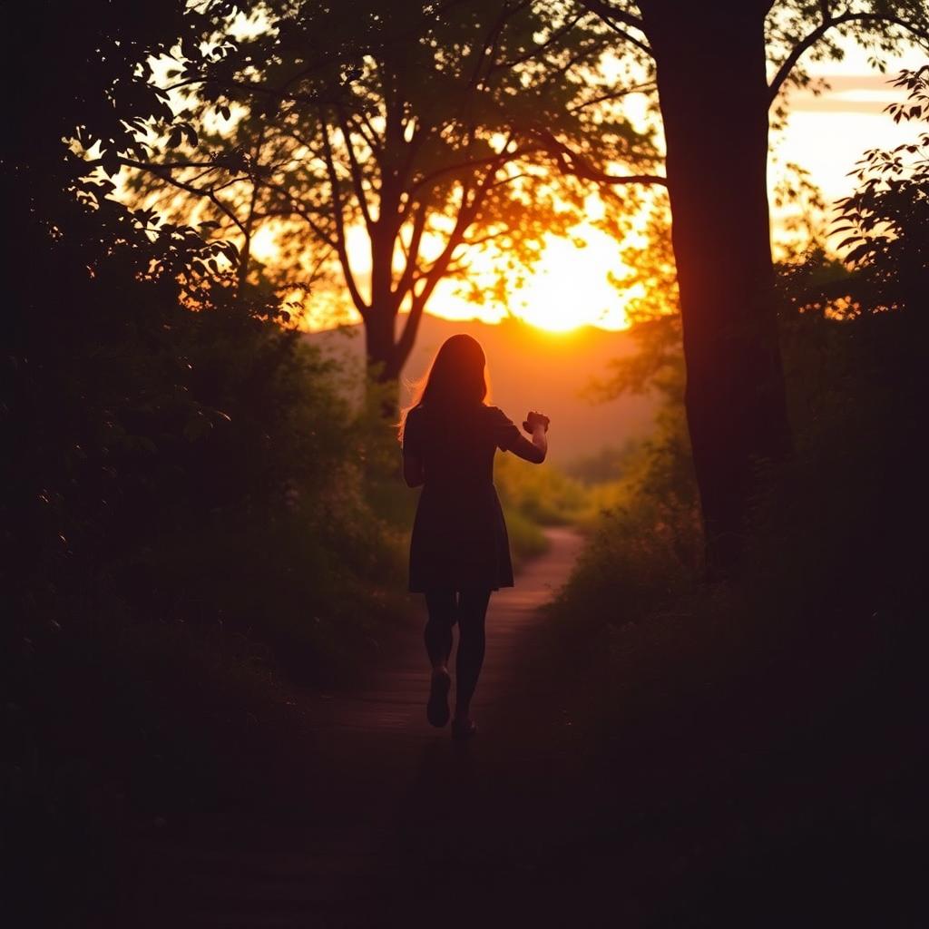 A silhouette of a couple holding hands, walking down a natural trail into the sunset