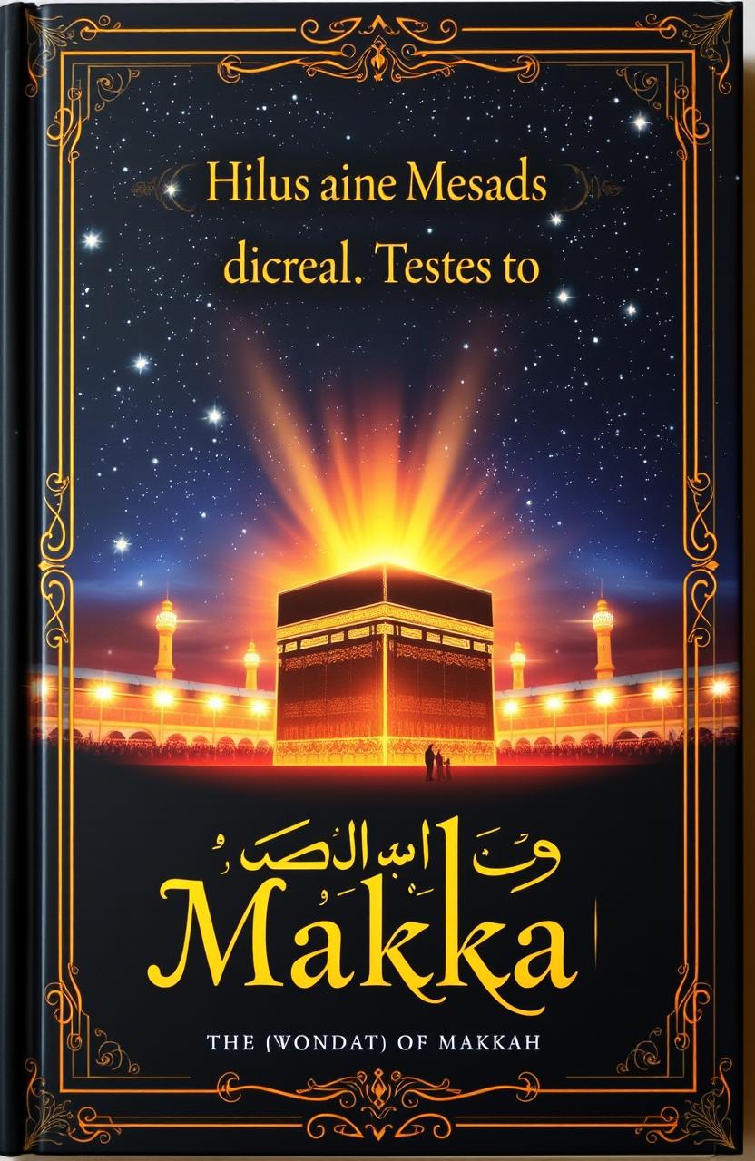 A captivating book cover illustrating the divine message of Makkah, featuring the iconic Kaaba at the center, surrounded by glowing lights symbolizing spirituality and guidance