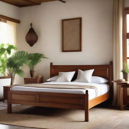 Display an image of a serene bedroom with a Javanese craft teakwood cot bed and a chair made of teakwood, set against a tranquil backdrop.