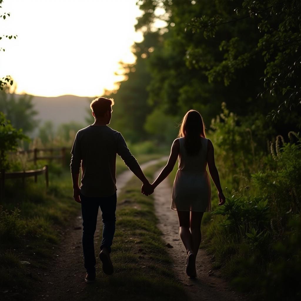 A beautiful silhouette of a young couple walking hand in hand down a serene natural trail, fading away as they move into the distance
