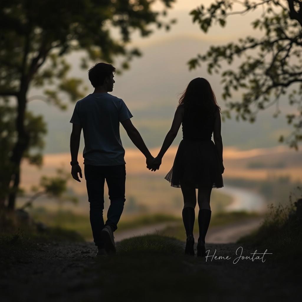 A poignant scene depicting two silhouettes of a young couple walking hand in hand down a serene natural trail