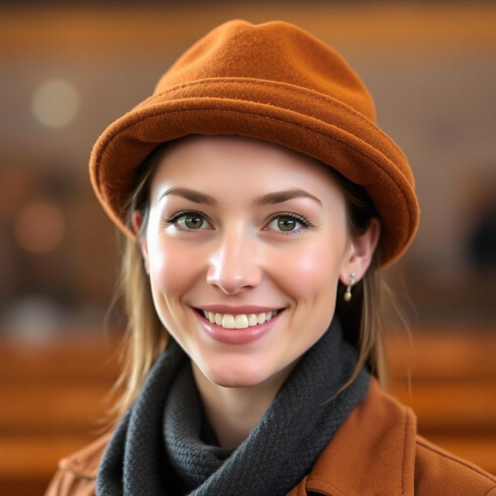 A person wearing a stylish chestnut hat that perfectly fits their head