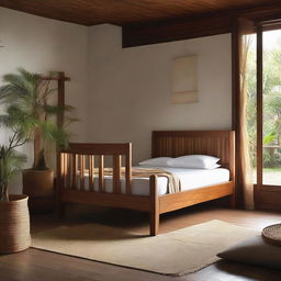 Display an image of a serene bedroom with a Javanese craft teakwood cot bed and a chair made of teakwood, set against a tranquil backdrop.