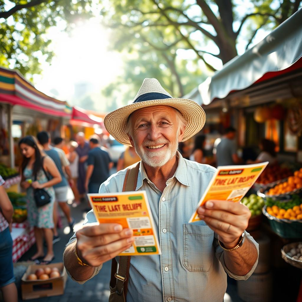 An elderly man enthusiastically handing out a colorful flyer in a bustling outdoor market